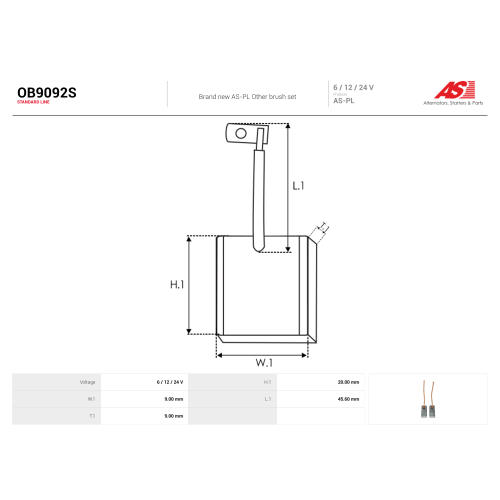Щітки моторчика пічки OB9092S к-кт. (9.0x9.0x20.0) AS